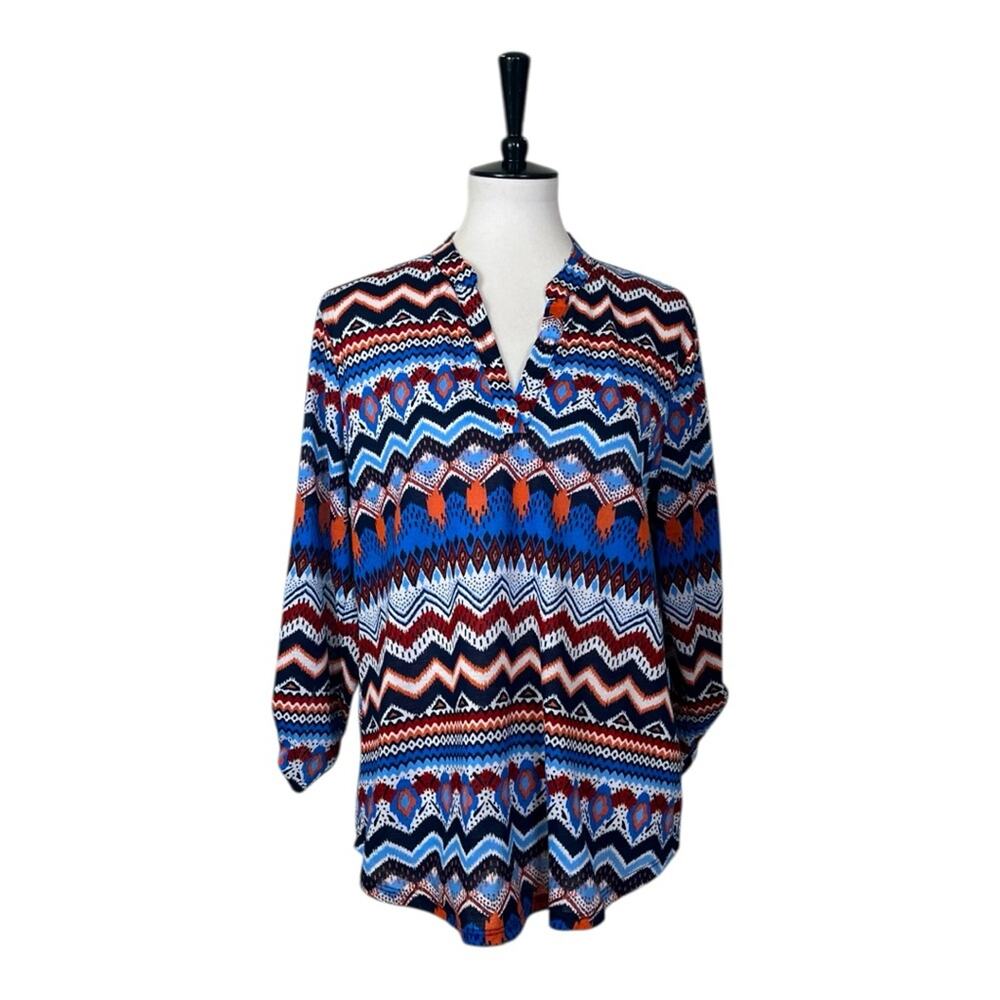 Absolutely Famous Popover Top Split Neck Tab Sleeves Blue Women’s Size Large